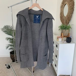 Y2K American Eagle Wool Blend Longline Gray Chunky Knit Cardigan Sweater Small